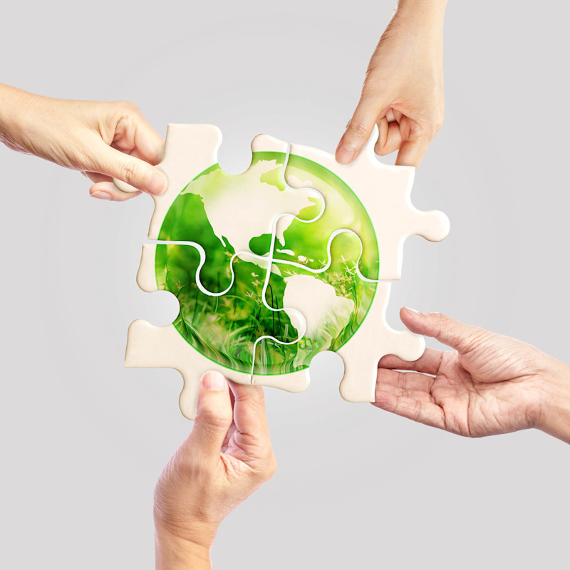 Fire hender som setter sammen et puslespill med jordkloden avbildet med grønn natur på bitene mot en lys bakgrunn.