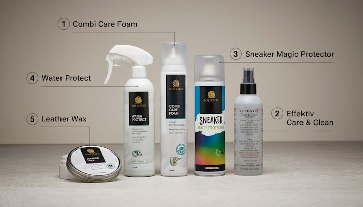 Fem rengjøringsprodukter for sko står på en overflate med etiketter og nummererte navn: Combi Care Foam, Effektiv Care & Clean, Sneaker Magic Protector, Water Protect og Leather Wax.