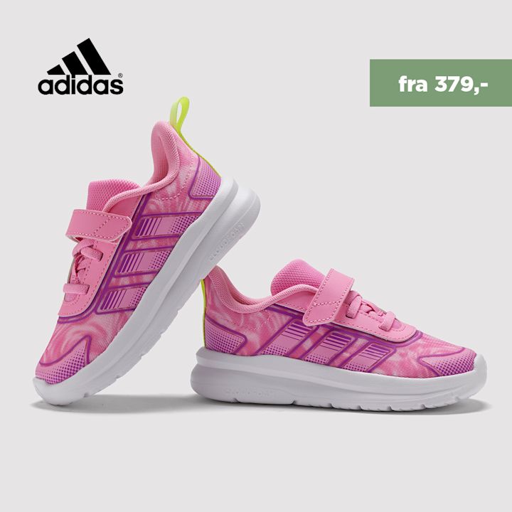 Rosa Adidas barnesneakers med lilla mønster, hvit såle og borrelås. Fra 379,-
